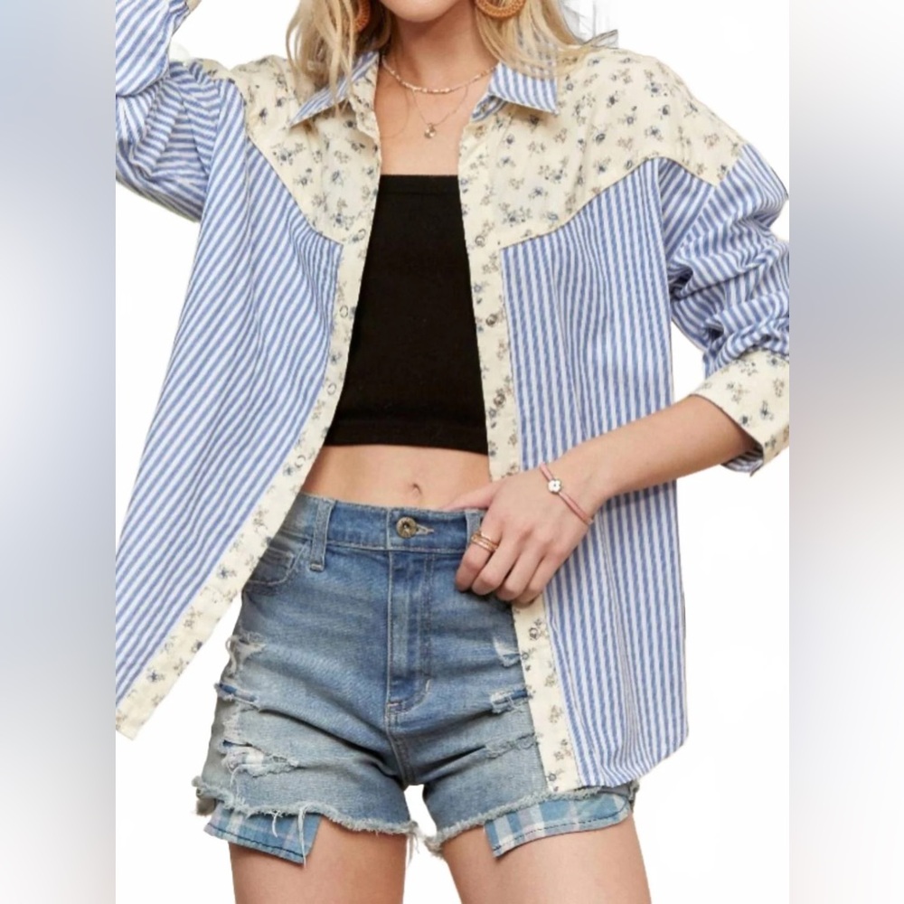 ADORA Blue & Cream Striped and Floral Button-Down Shirt